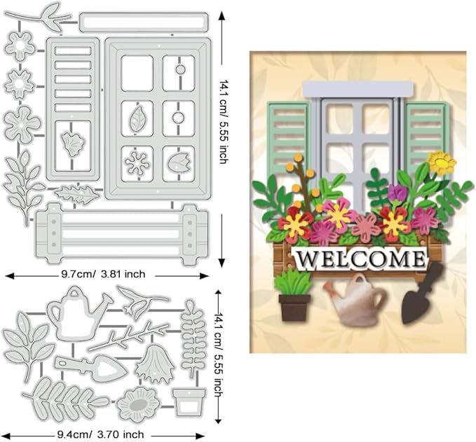 BENECREAT 2pcs Windowsill Garden Cutting Dies, Window Flower Beds Plants Stencils Decorative Embossing Stencils for Scrapbooking, Photo Album, Greeting Card Making, 0.8mm Thick