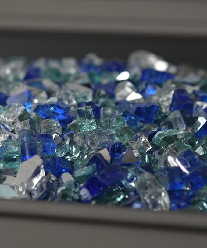 NUPICK 20 Pound Fire Glass for Fire Pit, 1/2 Inch Tempered Mixed Fire Glass in Bahama Blend for Propane Fire Pit & Gas Fireplace, Blue and White Fire Glass Rock