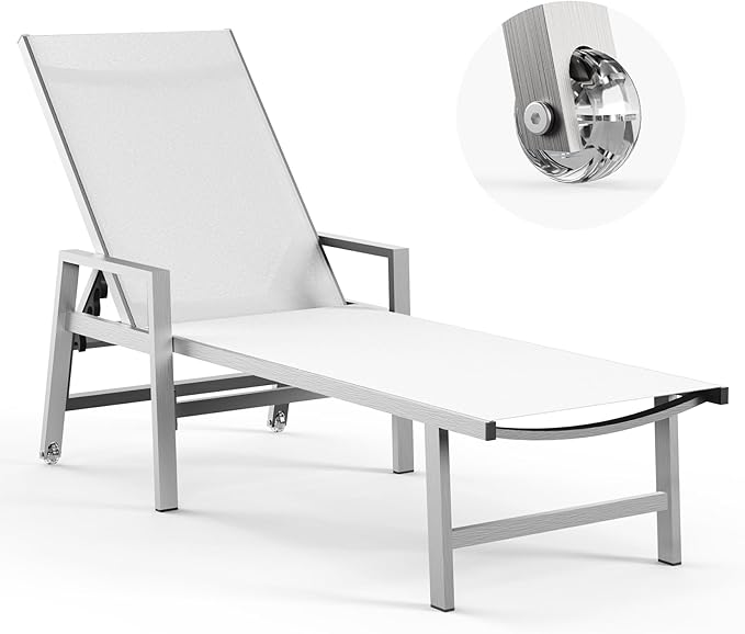 Patio Chaise Lounge Outdoor with Wheels&Armrests, Aluminum Pool Lounge Chairs 5-Position Adjustable Recliner, Sun Beach Lounge Chairs for Poolside, Patio, Deck, Yard, White