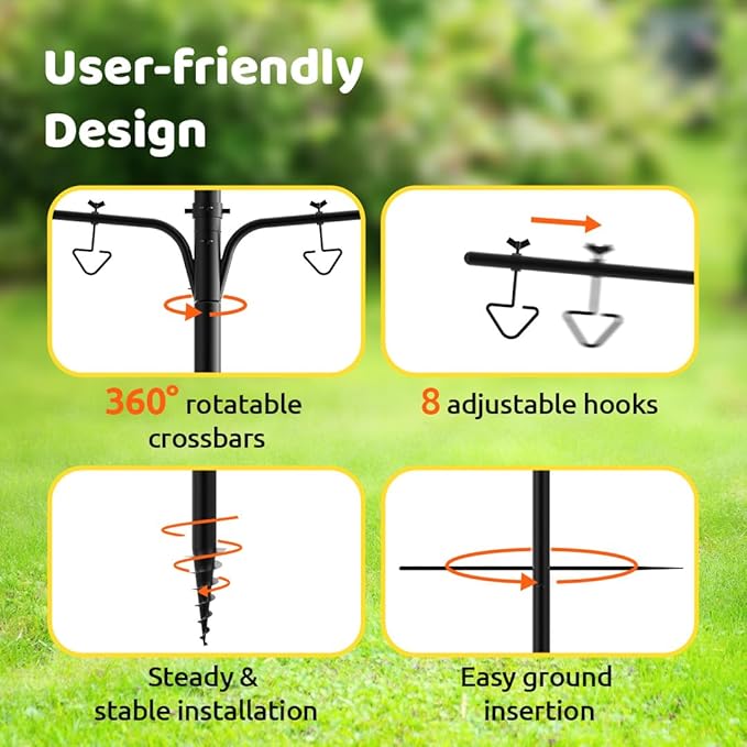 NETVUE by Birdfy Bird Feeder Pole with Effective Squirrel Baffle, 108 Inch Rust-Proof Pole Kit, 8 Adjustable Hooks for Outdoor Wild Bird Feeder, Bath, House Hanging & Mounting