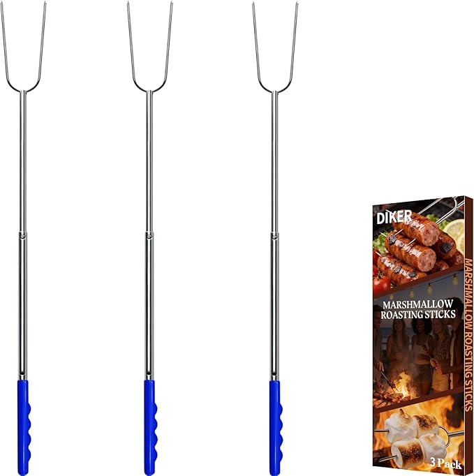 DIKER Marshmallow Roasting Sticks for Fire Pit, Smores Sticks, Hot Dog Sticks for Campfire, Extra Long 27.5" Smores Skewers, Stainless Steel Barbecue Forks, Camping Outdoor Cooking Essentials, 3 Pack