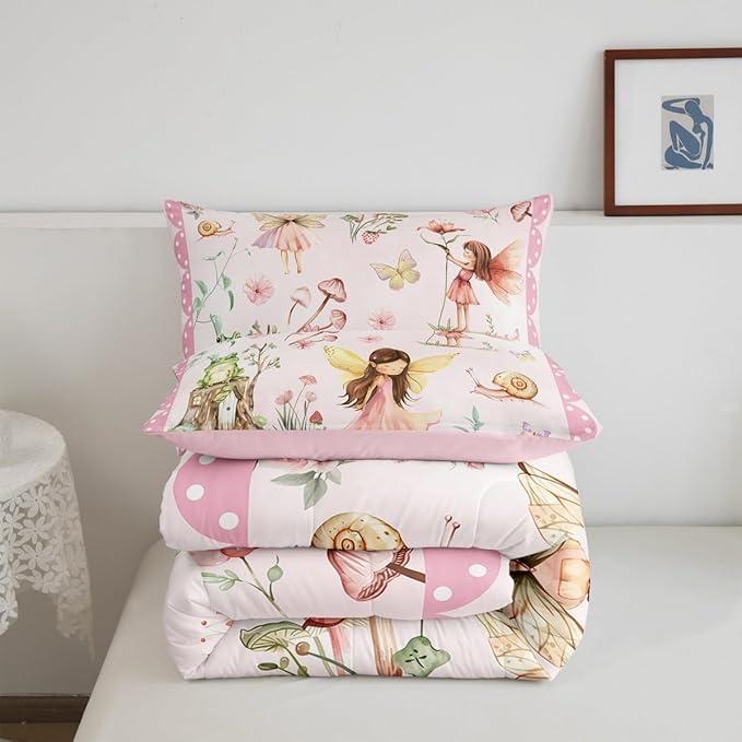Erosebridal Dreamy Fairy Queen Bedding Set,Pink Floral Garden Comforter Set for Girls Kids,Mushroom and Frog Comforter,Kawaii Flower Butterfly Bedroom Room Decor,2 Pillowcases Lightweight