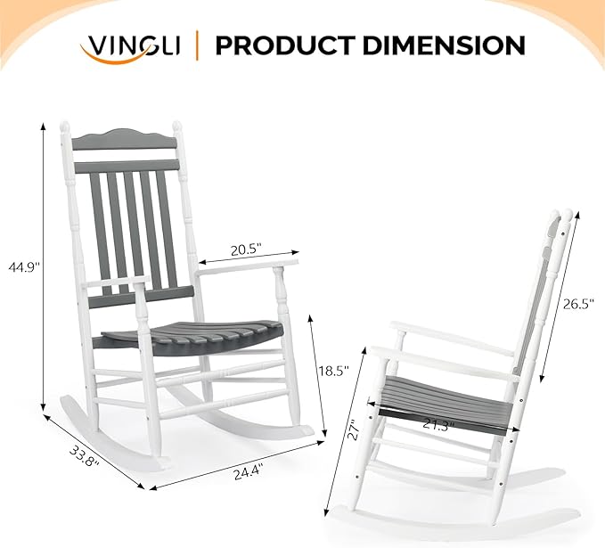 VINGLI Wooden Rocking Chair Outdoor, Patio Rockers with High Back, Support 450 LBS Rocking Chairs, for Porch, Patio, Balcony, Garden, Yard (White&Grey, 1 PC)
