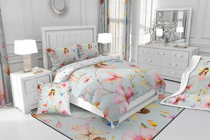 Erosebridal Floral Fairy Full Bedding Set,Dreamy Fairy Garden Comforter Set for Girls Kids,Cute Butterfly Flower Comforter,Pink Girly Princess Bedroom Room Decor,2 Pillowcases Breathable