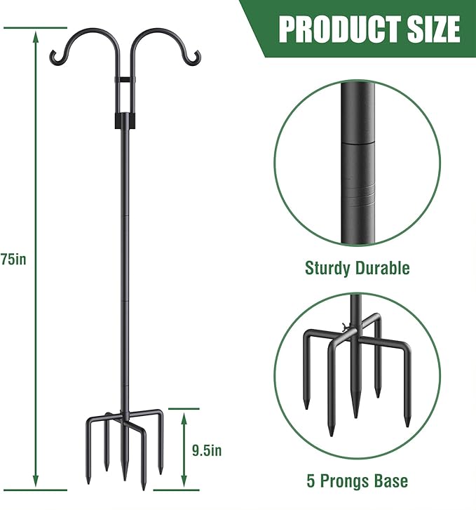 Relx Bird Feeder Pole - Adjustable Double Shepherds Hooks for Bird Feeder with 5 Prong Base - 76 Inch Heavy Duty Shepherds Hooks for Outdoor for Outside for Hanging Garden Plant,Solar Light Lanterns