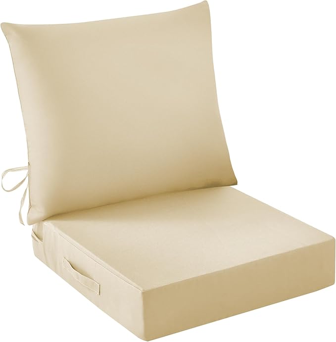 Outdoor Seat Cushion Set, Waterproof & Fade Resistant Patio Chair Cushions, Outdoors Cushion for Patio Furniture, 24 x 24 x 4 Inch, Outdoor Couch Cushions with Handle and Ties, Light Khaki