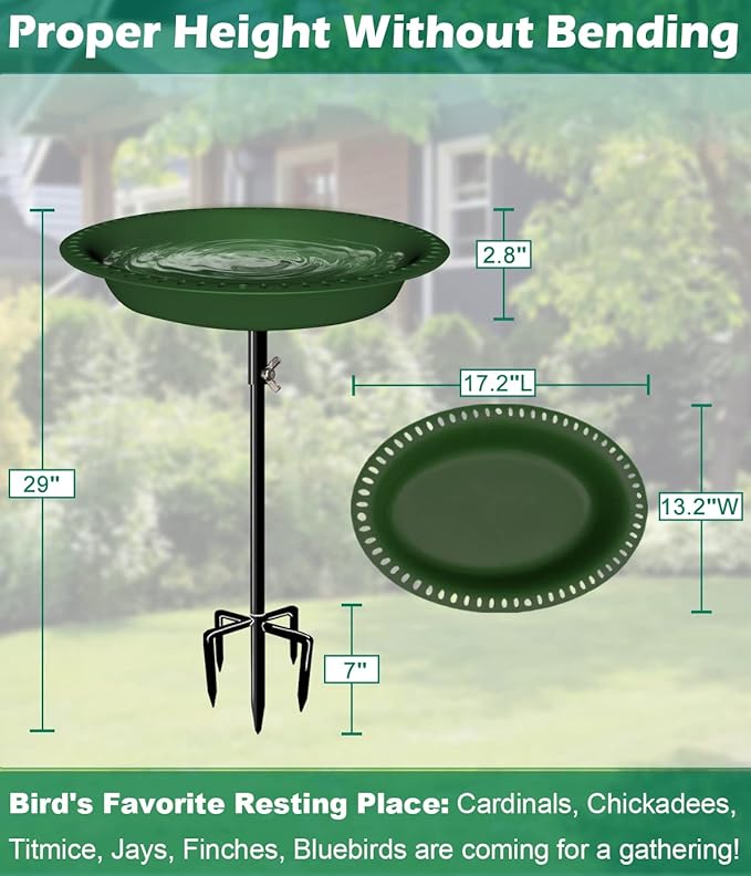 29 Inch Height Detachable Bird Bath with Metal Stake Stand, Oval Shape Birdbath Bowl Spa & Birdfeeder with 5-Prong Base for Outdoor Garden, Green