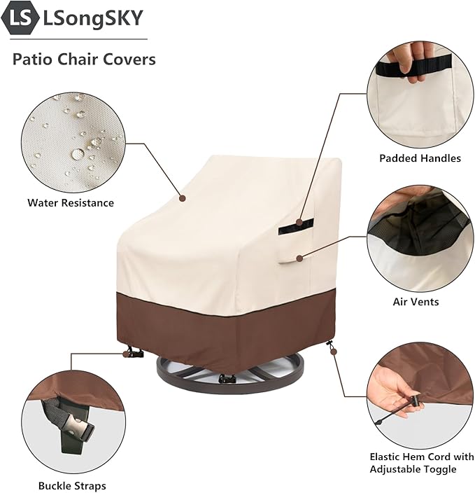 Outdoor Swivel Chair Cover 2 Pack,100% Waterproof Heavy Duty Patio Chair Covers,(33 W x 35 D x 38.5 H inches) Swivel Patio Chair for Outdoor Furniture Covers Waterproof,Beige&Brown