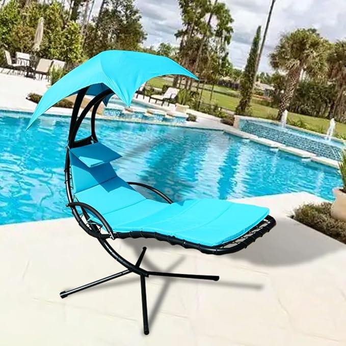 Outdoor Hanging Lounge Chair Cushion with Umbrella – High-Resilience Sponge, Side Pocket, Fade-Resistant, Patio Curved Chaise Hammock Swing Lounger Cushion Pad（Sky Blue）