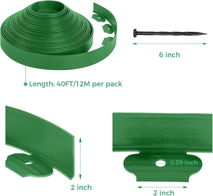 2-Inch x 80 FT Landscape Edging Border with 125 Spikes, Garden Edging Border Lawn Edging Kit, Plastic Edging for Landscape Flexible for Garden Flower Beds Lawn Yard Pathway (Green)