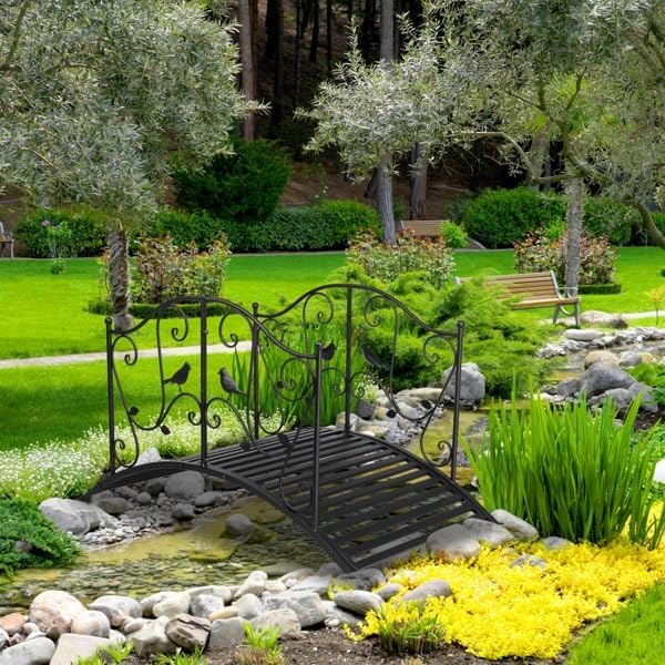 4 ft Metal Garden Bridge, Bird Pattern Arched Handrail Courtyard Iron Bridge Black