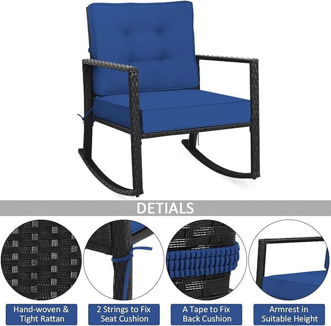 Tangkula Wicker Rocking Chair, Outdoor Glider Rattan Rocker Chair with Heavy-Duty Steel Frame, Patio Wicker Furniture Seat with 5” Thick Cushion for Garden, Porch, Backyard, Poolside (2, Blue)