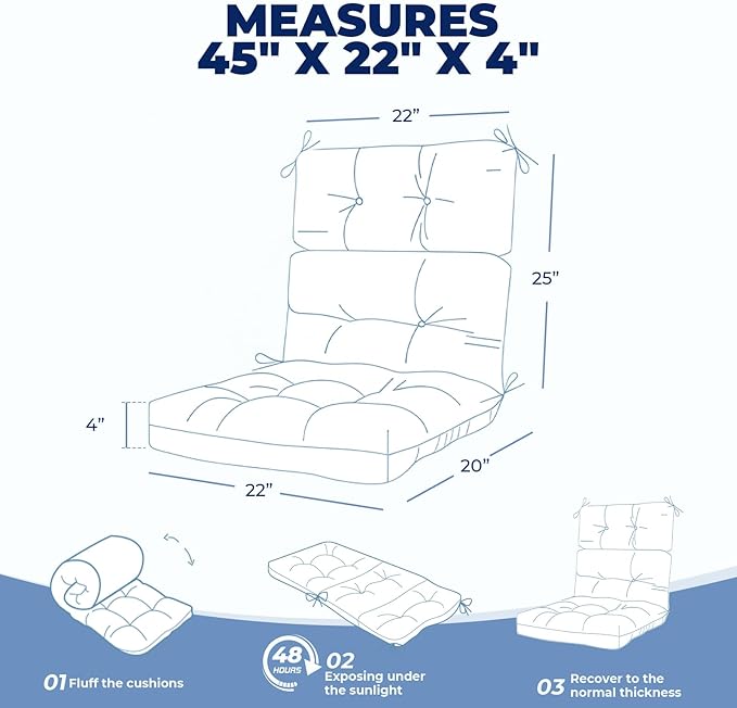 Outdoor/Indoor High Back Chair Cushion, Waterproof Outdoor Rocking Chair Cushion with Ties, Tufted Replacement Seat Cushions for Outdoor Furniture, Blue Floral
