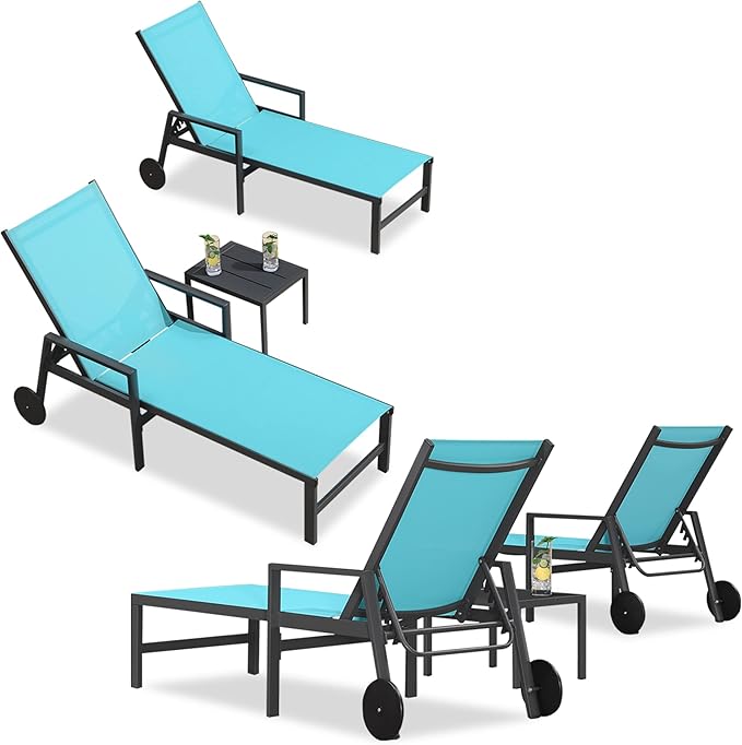 PURPLE LEAF Patio Chaise Lounge 4 Pieces Aluminum Recliner Chair with Wheels and Armrests Lounger for Deck Pool Turquoise Blue Outdoor Lounge Chair