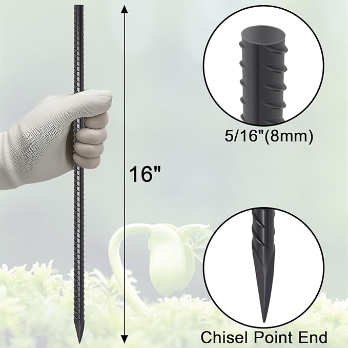 VVOKGO Rebar Stakes 16 Inches Ground Concrete Form Stakes (12pcs), Straight Metal Spikes Heavy Duty with Chisel Point End, 5/16" Diameter Steel Anchors for Fence, Concrete Timber, Garden Plants, Black