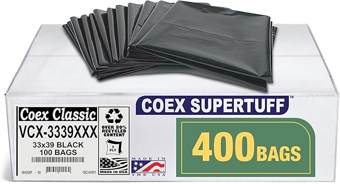 Aluf Plastics 33 Gallon Trash Bags - 2.0 MIL (eq) Black Heavy Duty Trash Can Liners - 33" x 39" - Pack of 400 - For Contractor, Industrial, Commercial, & Outdoor