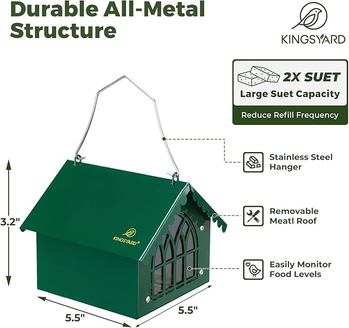 Kingsyard Double Upside Down Suet Feeder Squirrel Proof with Weatherproof Roof, All Metal Suet Feeders for Outdoors Hanging, Great for Downy Woodpecker Nuthatch Chickadee, Green