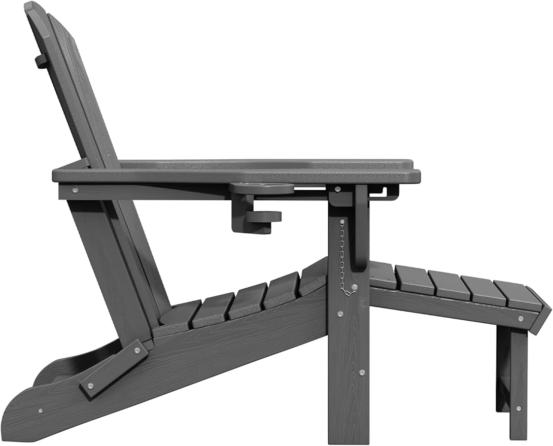 KINGYES Adjustable Folding Adirondack Chair with Footrest & 4-in-1 Multi-Functional Armrest Organizer Set of 4, HDPE Foldable Recliner Adirondack Chair with Pull-Out Ottoman, Grey