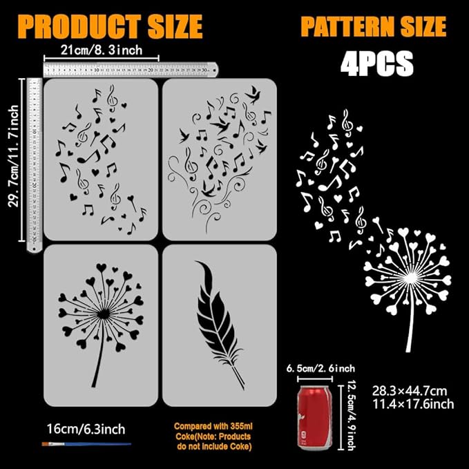 FINGERINSPIRE 4PCS Music Notes Painting Stencil with Plastic Brush 8.3x11.7inch Feathers Dandelions Drawing Template Love Heart Pattern Stencil Music Theme Template for Painting on Wood Furniture