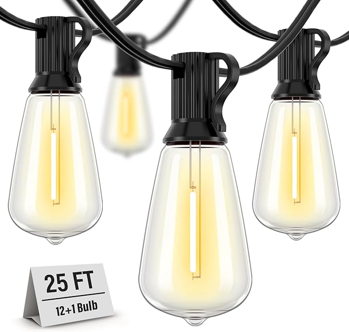 Outdoor String Lights Waterproof, 25 Feet Patio Lights with 13 ST38 Edison Bulbs(1 Sqare), Hanging Lights with Plug in Cord for Porch, Blacony, Backyard, Bistro, Garden, 2700K
