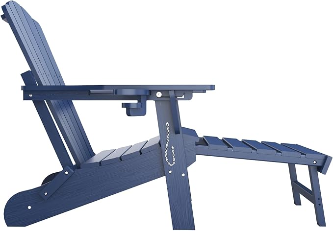 Folding Adjustable Adirondack Chairs with Ottoman & 1 Cup Holders, HDEP Multifunctional Adirondack Chair with Footrest,Navy Blue