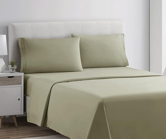 Clara Clark Bed Sheets, Premier 1800 Series 4 Piece Bed Sheet Set, Deep Pocket, Wrinkle, Fade, Stain Resistant, Luxury Soft Bedding Sheets & Pillowcases, Full, Sage Green
