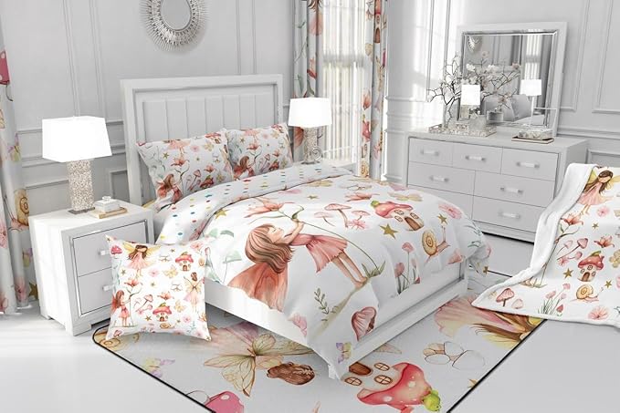 Erosebridal Fairy Garden Twin Comforter Set,Cute Pink Floral Bedding Sets for Girls Kids,Butterfly Flower Quilt Bed Set,Kawaii Mushroom Flowers Bedroom Decor,1 Pillowcase Reversible