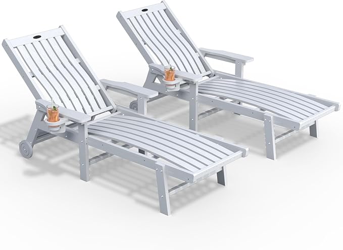 Patio Chaise Lounge Chair Set of 2, Oversized Lounge Chair Outdoor with 5 Positions, HDPE, Patio Lounge Chair with Wheels & Cup Holder for Pool, Deck, Poolside,White
