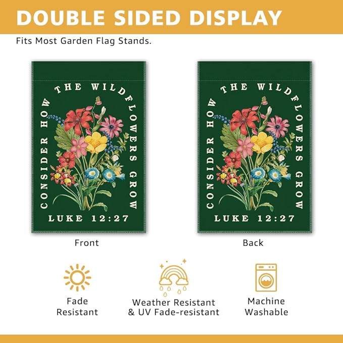 Consider How the Wildflowers Grow Garden Flag, Christian Garden Flag for Outside, Bible Verse Double Sided Farmhouse Lawn Yard Banner, Faith Religious Gifts for Gardener Plant Lovers Catholic