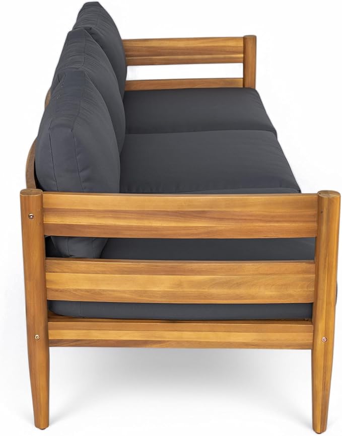 Christopher Knight Home Kavets 76.25'' W Outdoor 3 Seater Sofa with 5" Cushion, Acacia Wood Patio Sofa, Modern Slat Panel Bench, Spacious Seating Couch for Backyard Garden Porch, Light Teak+Dark Gray