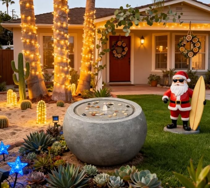 Garden Water Fountain Outdoor Large Round Bubbler Water Feature Indoor with Lights & Pump and Pebbles Concrete Effect for Patio Pool Pond Yard Home Decor Gray, 25 "L X 25" W X 17.5" H