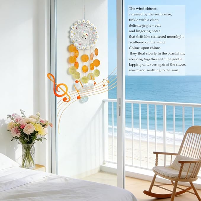 Chic Capiz Shell Wind Chime, Handmade Beach Wind Chimes for Outside, House Decoration for Courtyard, Window, Porch, Unique Gifts for Women (Yellow)