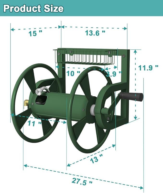 Garden Wall Mounted Hose Reel, Outdoor Heavy-Duty Water Hose Holder Winder, Holds 125 Feet of 5/8-Inch Hose, with 3.9 ft Leader Hose, Brass Fitting and Storage Basket for Yard, Green