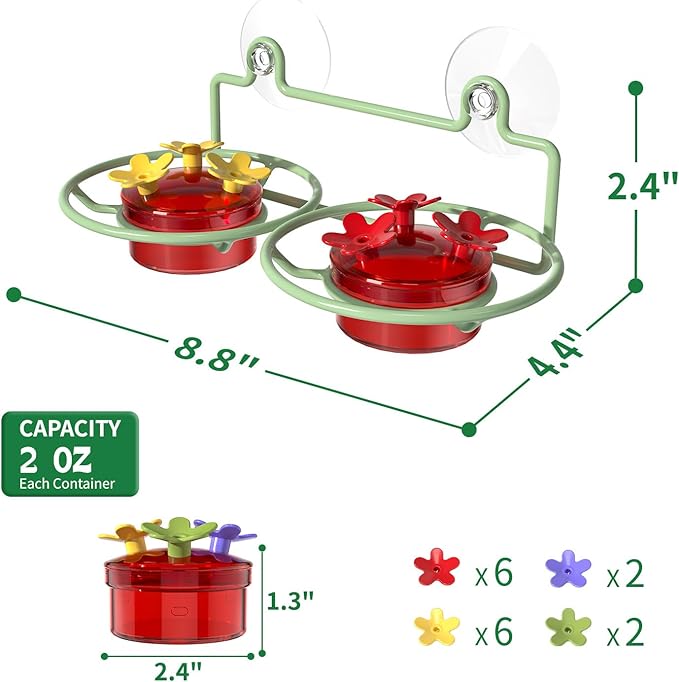 2 Pack Window Hummingbird Feeder, Small Hummingbird Feeder for Outdoors with Strong Suction Cup - Metal Base & 6 Feeding Ports, Easy to Clean and Refill, Green
