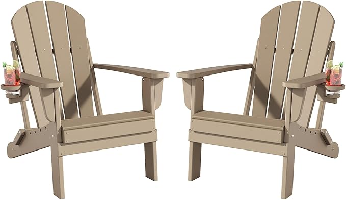 Folding Adirondack Chairs Set of 2, All-Weather Resistant HDPE Patio Firepit Chairs, Sturdy Outside Chairs with Cup Holder, Lawn Chairs, 80% Pre-installed Load Capacity 385lb, Weathered Wood