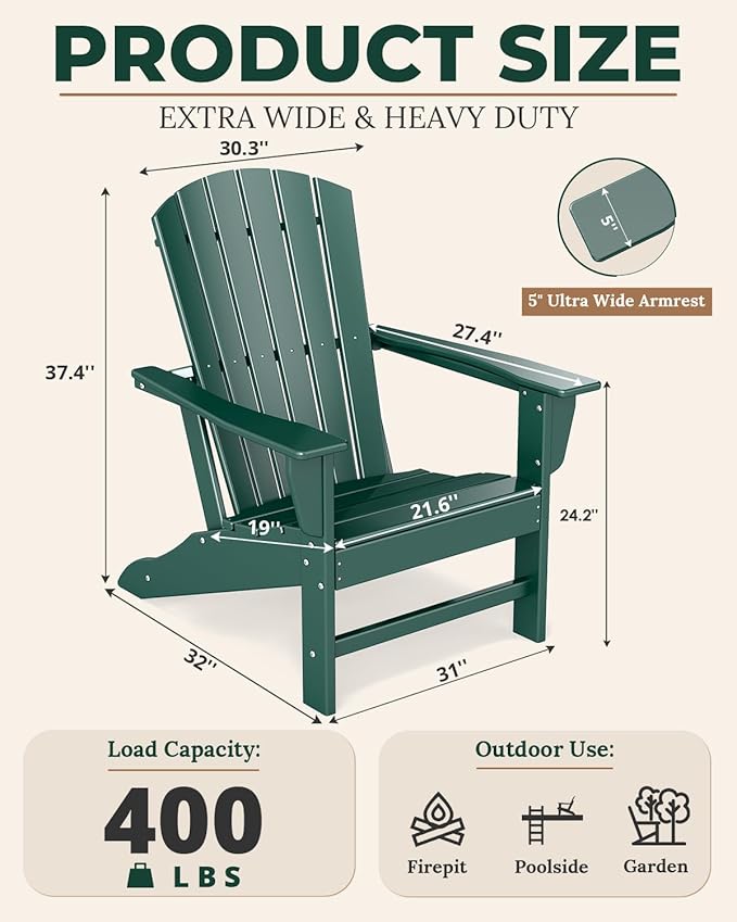BRIOPAWS Adirondack-Chair | Fire Pit Chair | Oversized | HDPE Plastic | Weather Resistant | for Deck Outdoor Poolside Campfire | Forest