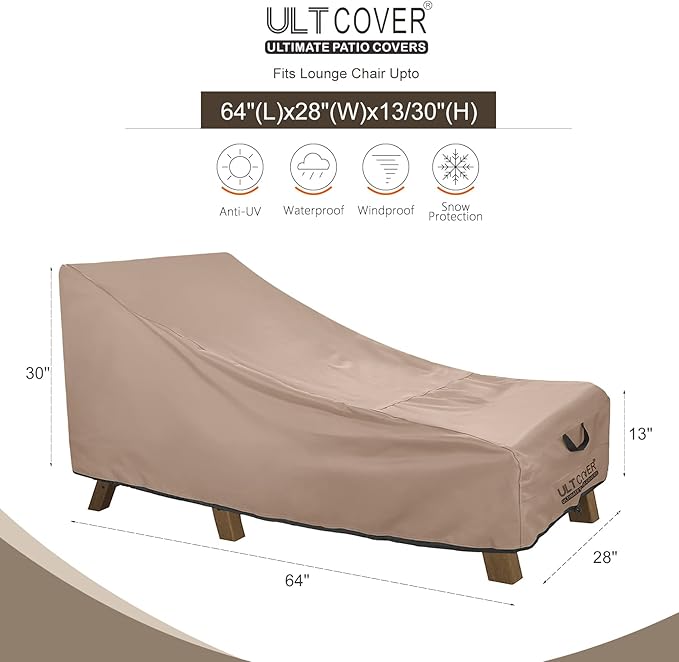 ULTCOVER Waterproof Patio Lounge Chair Cover Heavy Duty Outdoor Chaise Lounge Covers 2 Pack - 64L x 28W x 30H inch