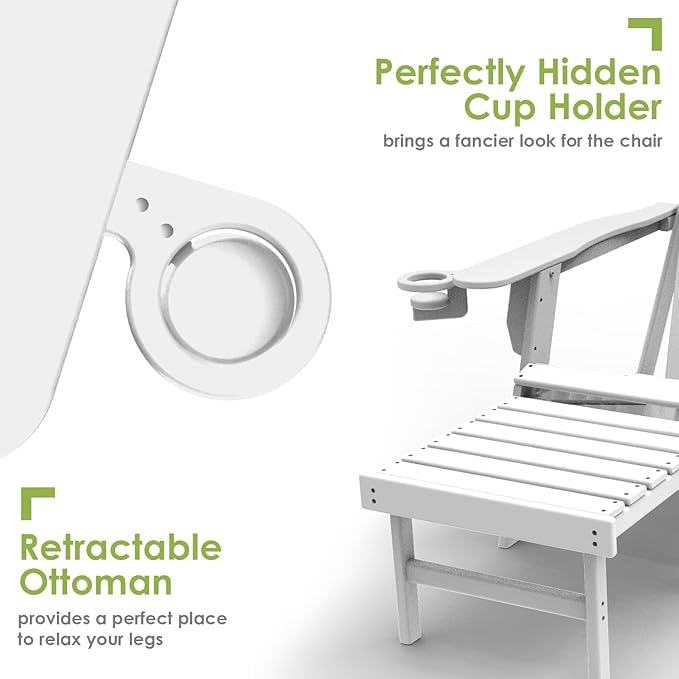 GREENVINES Adirondack-Chairs-with-Ottoman | Folding | Retractable-Footrest | HDPE Plastic | All Weather Fire Pit Chair | Cup Holders | White | for Outdoor Poolside