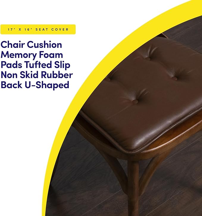 Sweet Home Collection Chair Cushion Memory Foam Pads Tufted Slip Non Skid Rubber Back U-Shaped 17" x 16" Seat Cover, 12 Pack, Faux Leather Chocolate Brown
