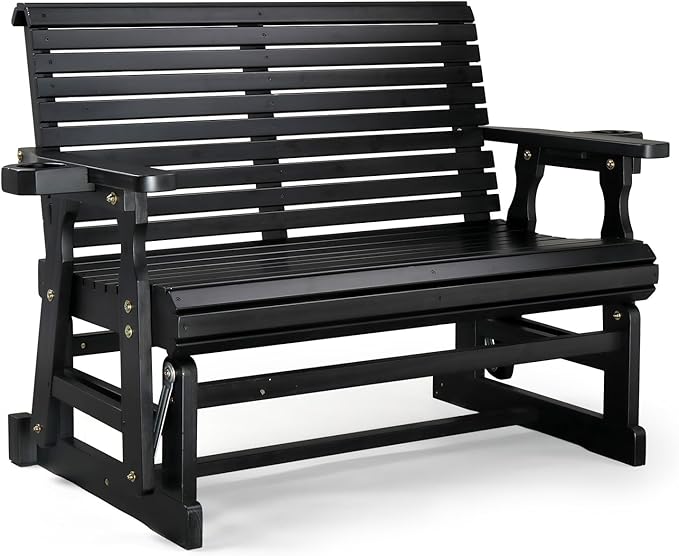 VINGLI Outdoor Glider Wood Patio Chair with Cup Holders, Outdoor Bench Glider Loveseat with Smooth Rocking Mechanism, Heavy Duty 800 LBS, Black