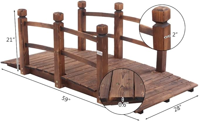 5 ft Garden Bridge, Stained Wooden Arch Walkway with Safety Railings. Perfect for Ponds, Creek Beds and Wedding Decor. Rustic Landscaping Accent Piece