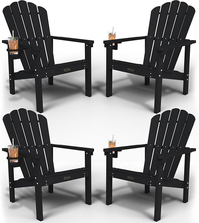 Stackable Adirondack Chair Set of 4, HDPE All-Weather Adirondack Chairs - Durable and Space Saving, Plastic Outdoor Fire Pit Chairs with Cup Holder,Black