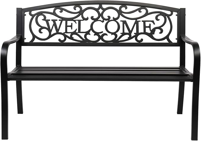 VINGLI Outdoor Bench for Patio Metal Garden Bench w/PVC Back Pattern, Black Park Benches Front Porch Benches for Yard Lawn Decor Deck Entryway (Black-Welcome)