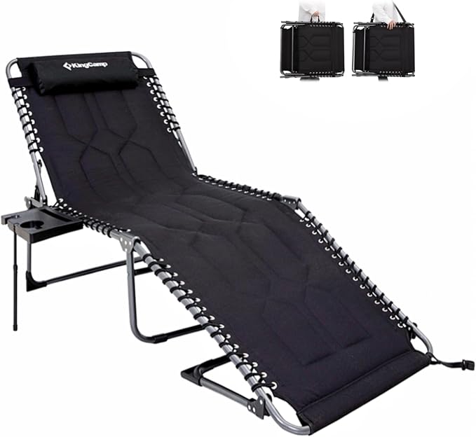 KingCamp Oversize Lounge Chair Outdoor, Extra Large Padded Folding 5 Positions Chaise Tanning Chairs with Pillow & Side Table for Outside Sunbathing Beach Patio Pool Camping (Black)