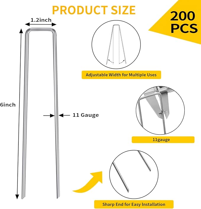 CEWOR 200 Pack 6 Inch Landscape Staples, 11 Gauge Galvanized Garden Stakes U-Shaped Landscaping Fabric Pins Yard Ground Staples for Lawn, Fence, Plant Cover, Turf, Tent