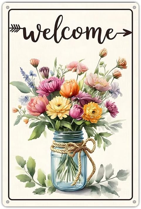 Funnysign Vintage "Welcome" Tin Sign – Rustic Floral Bouquet in Mason Jar – Metal Wall Decor for Home, Porch, Garden – 8x12 Inches (9821)