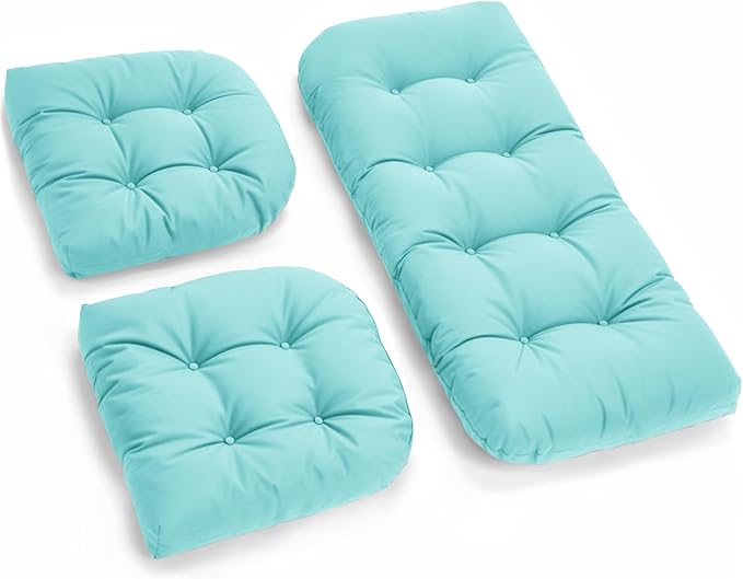 All Weather Outdoor Wicker Chair Cushions of 3 Pieces, Waterproof Outdoor Wicker Chair Cushion for Patio Furniture Loveseat Settee Bench, 1 Loveseat and 2 U-Shaped Thickened Cushions, Teal