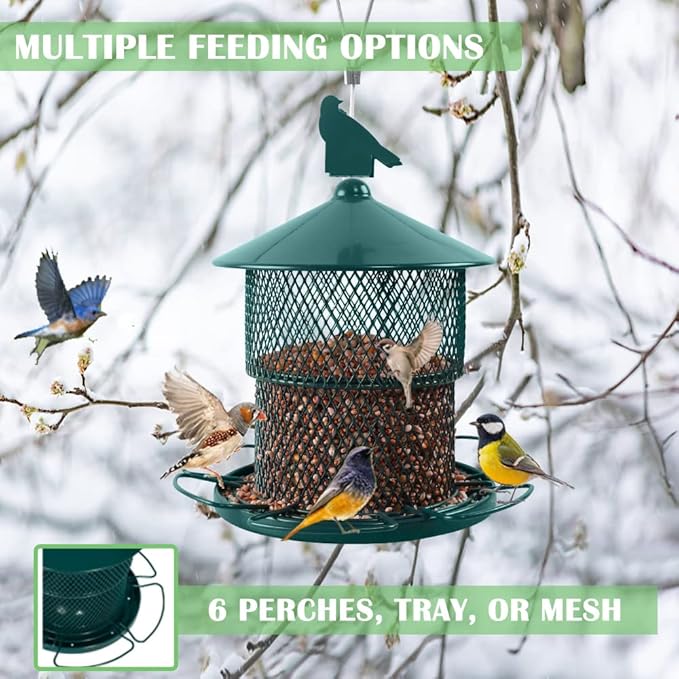 Metal Bird Feeder for Outside, Hanging Bird Feeders Squirrel Proof, 4 Lbs Capacity Iron Mesh Durable Wild Outdoor Birdfeeder with 6 Perches for Finch Cardinals,Gifts for Birds Lovers- Green