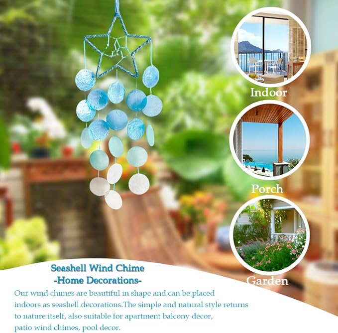 Wind Chimes for Outside, Personalized Capiz Shells Wind Chime for Home Decoration, Garden Decoration of Beach House Decor,Great Gift for Shells Windchimes Lovers and More (Blue Moon)
