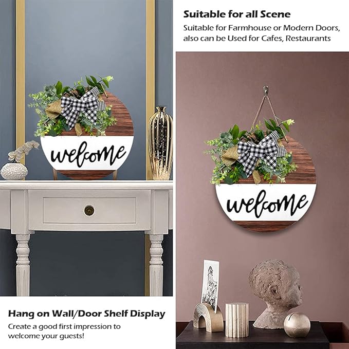 Welcome Sign for Front Door, Front Door Decor for Farmhouse Porch, Rustic Welcome Wreaths with Stapled Greenery, Round Wooden Hanging Sign Housewarming Gift for Home Outdoor Indoor